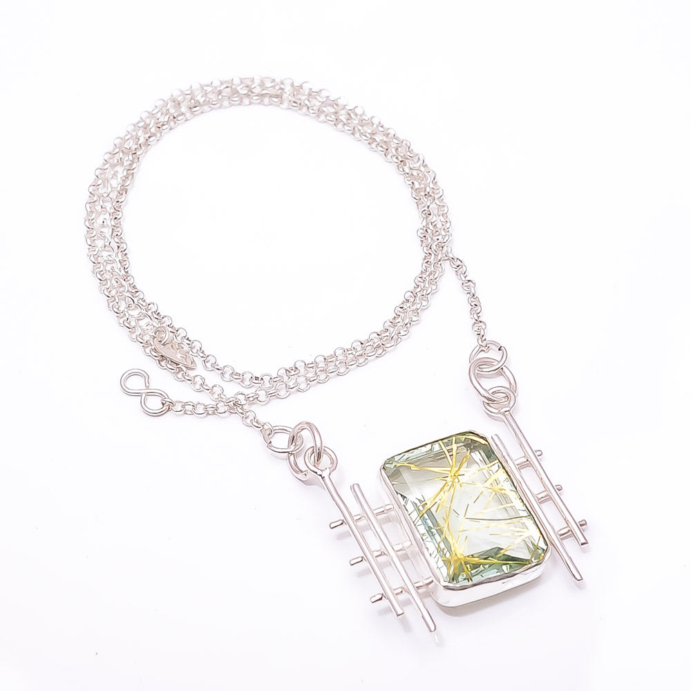GOLDEN RUTILATED QUARTZ - SIMULATED 925 STERLING SILVER CHAIN PENDANT 19-23" - CP_9441_204_17