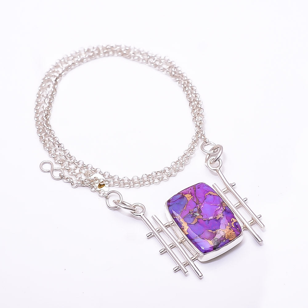 COPPER PURPLE TURQUOISE 925 STERLING SILVER CHAIN PENDANT 19-23" - CP_9441_204_38