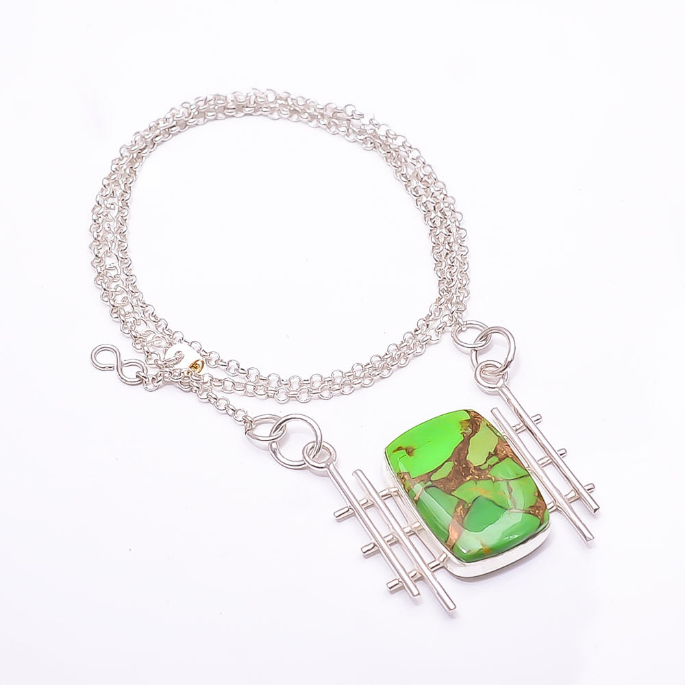 COPPER GREEN TURQUOISE 925 STERLING SILVER CHAIN PENDANT 19-23" - CP_9441_204_43