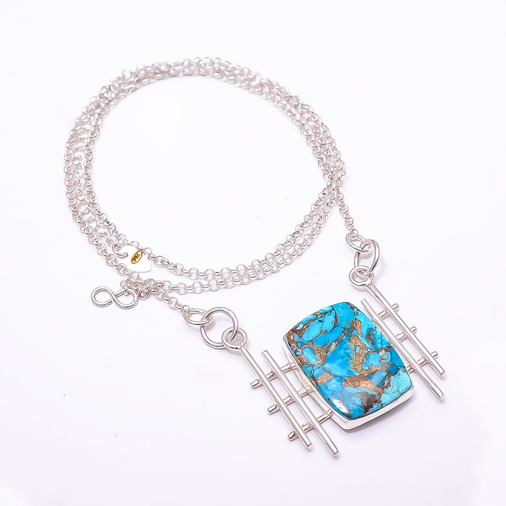 COPPER BLUE TURQUOISE 925 STERLING SILVER CHAIN PENDANT 19-23" - CP_9441_204_46