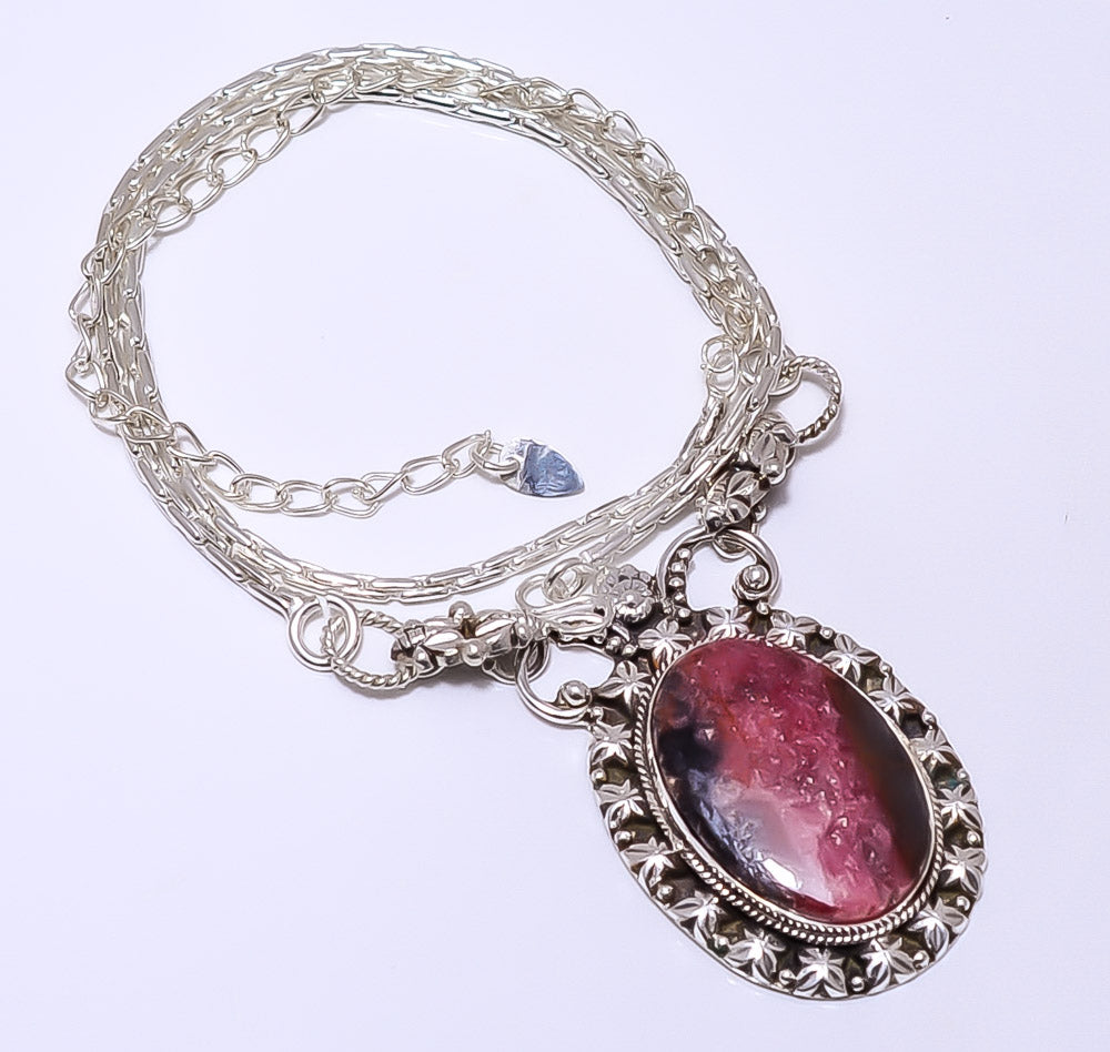 HEART - PHOSPHOSIDERITE - ARGENTINA 925 STERLING SILVER BALI NECKLACE ADJUSTABLE 16-24"
