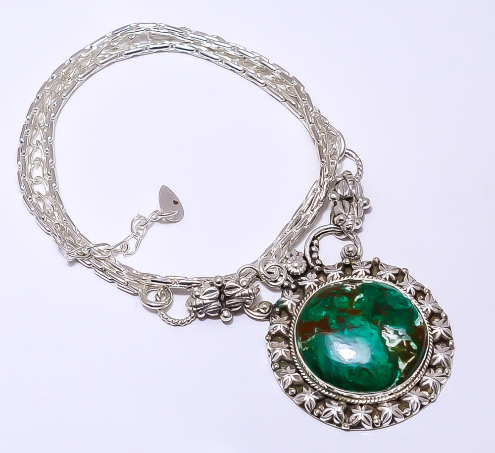 HEART - COPPER PINK OPAL WITH KINGMAN BLUE TURQUOISE 925 STERLING SILVER BALI NECKLACE ADJUSTABLE 16-24"