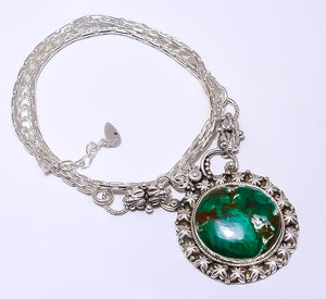 HEART - COPPER PINK OPAL WITH KINGMAN BLUE TURQUOISE 925 STERLING SILVER BALI NECKLACE ADJUSTABLE 16-24"