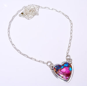 HEART - COPPER PINK DAHLIA TURQUOISE - KINGMAN 925 STERLING SILVER BALI NECKLACE ADJUSTABLE 16-24" - CP_9248_84_14