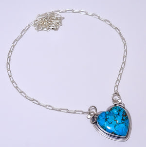 HEART - COPPER BLUE TURQUOISE 925 STERLING SILVER BALI NECKLACE ADJUSTABLE 16-24" - CP_9248_84_37