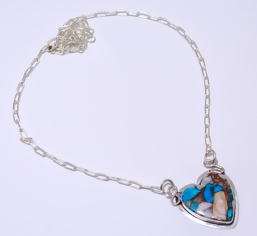HEART - COPPER PINK OPAL WITH KINGMAN BLUE TURQUOISE 925 STERLING SILVER BALI NECKLACE ADJUSTABLE 16-24" - CP_9248_84_39