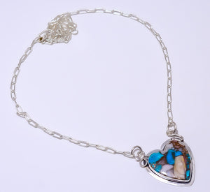 HEART - COPPER PINK OPAL WITH KINGMAN BLUE TURQUOISE 925 STERLING SILVER BALI NECKLACE ADJUSTABLE 16-24" - CP_9248_84_39