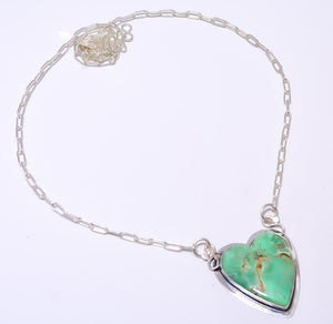 HEART - VARISCITE - GREEN TURQUOISE 925 STERLING SILVER BALI NECKLACE ADJUSTABLE 16-24" - CP_9248_84_7