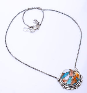COPPER SPINY OYSTER ARIZONA TURQUOISE  925 STERLING SILVER CHAIN PENDANT 19-23" - CP_9269_108_13