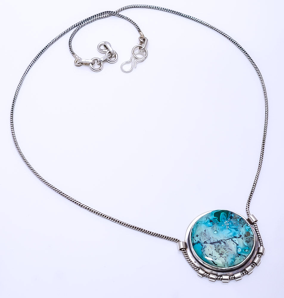 MALACHITE IN CHRYSOCOLLA - CONGO  925 STERLING SILVER CHAIN PENDANT 19-23" - CP_9269_108_17