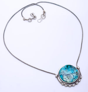 MALACHITE IN CHRYSOCOLLA - CONGO  925 STERLING SILVER CHAIN PENDANT 19-23" - CP_9269_108_17