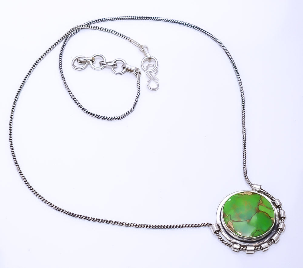 COPPER GREEN TURQUOISE 925 STERLING SILVER CHAIN PENDANT 19-23" - CP_9269_108_53