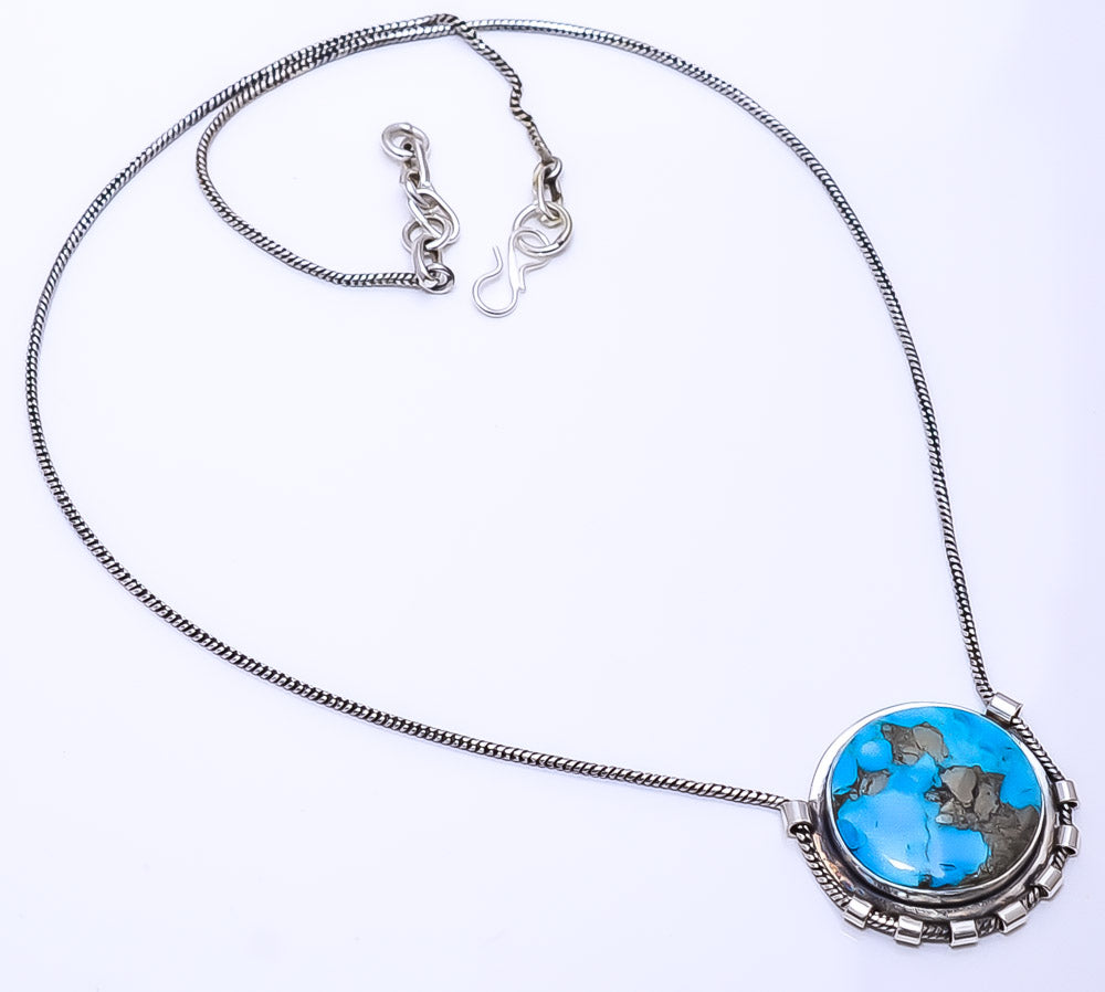KINGMAN TURQUOISE WITH PYRITE 925 STERLING SILVER CHAIN PENDANT 19-23" - CP_9269_108_60