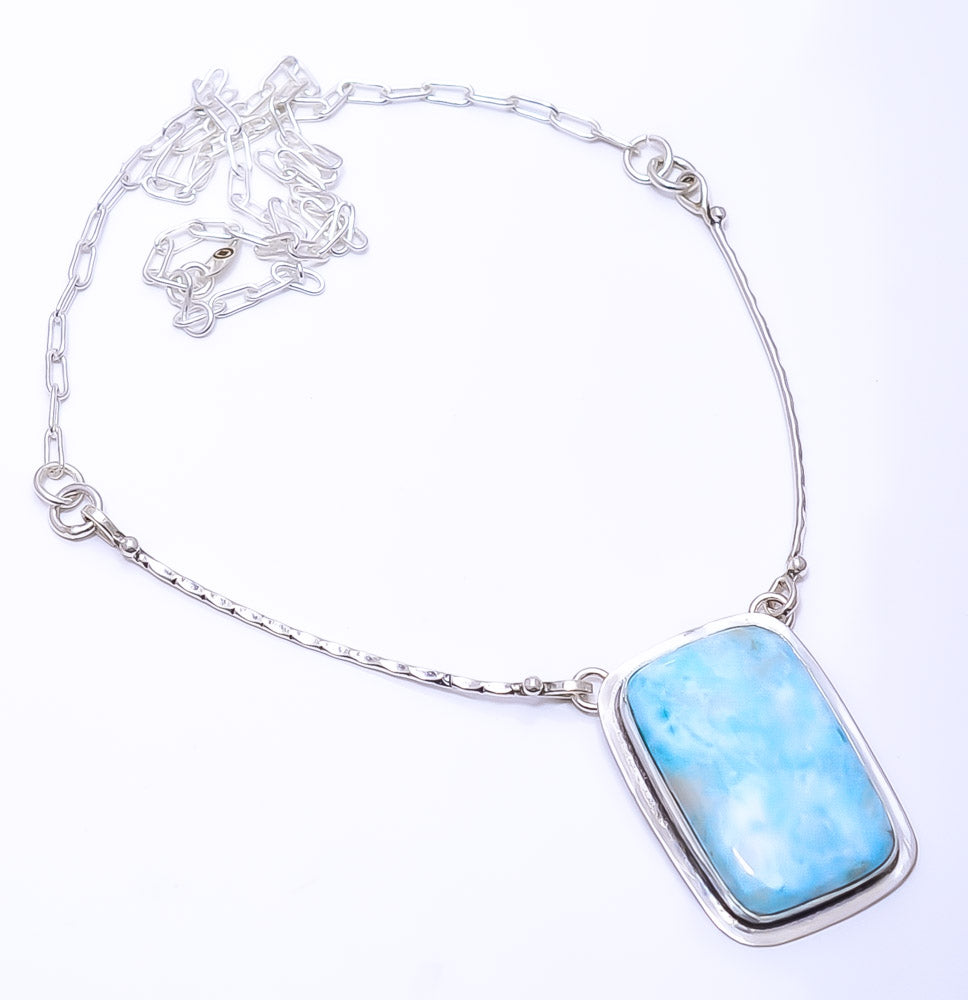NATURAL LARIMAR / PACTOLITE - DOMINICAN REPUBLIC 925 STERLING SILVER BALI NECKLACE ADJUSTABLE 16-24" - CP_9271_109_2