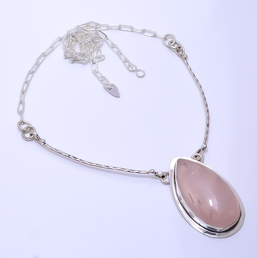 PINK ROSE QUARTZ - BRAZIL 925 STERLING SILVER BALI NECKLACE ADJUSTABLE 16-24" - CP_9271_109_65