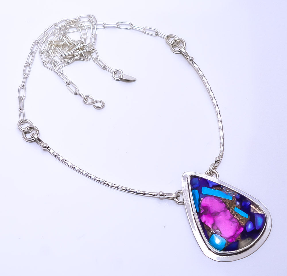 COPPER PINK DAHLIA TURQUOISE - KINGMAN 925 STERLING SILVER BALI NECKLACE ADJUSTABLE 16-24" - CP_9271_109_71